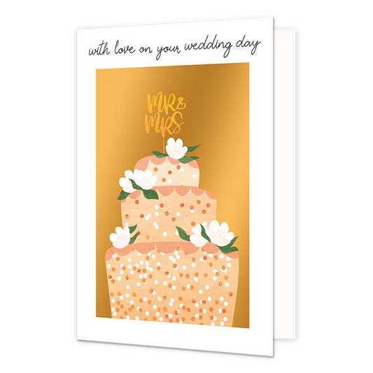 With love on your wedding day - Formaat: Normaal - Vorm: Staand - Huwelijkskaart - Op deze wenskaart staat een taart in de kleur beige, oranje en wit met groene bladeren en witte bloemen, op een gouden achtergrond. Boven de illustratie staat de tekst: "With love on your wedding day". - Snelwenskaart