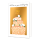 With love on your wedding day - Formaat: Standaard - Vorm: Staand - Huwelijkskaart - Op deze wenskaart staat een taart in de kleur beige, oranje en wit met groene bladeren en witte bloemen, op een gouden achtergrond. Boven de illustratie staat de tekst: "With love on your wedding day". - Snelwenskaart