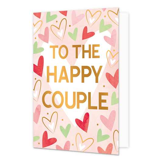 To the happy couple - Formaat: Normaal - Vorm: Staand - Huwelijkskaart - Op deze wenskaart staan hartjes in de kleuren rood, wit, rood, groen en goud, op een roze achtergrond. In het midden staat de gouden tekst: "To the happy couple". - Snelwenskaart