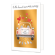 To the brand new mr & mrs - Formaat: Standaard - Vorm: Staand - Huwelijkskaart - Op deze wenskaart staat een roze auto met grijze blikjes erachter en rode en witte hartjes erboven, op een gouden achtergrond. Boven de illustratie staat de tekst: "To the brand new MR & MRS". - Snelwenskaart