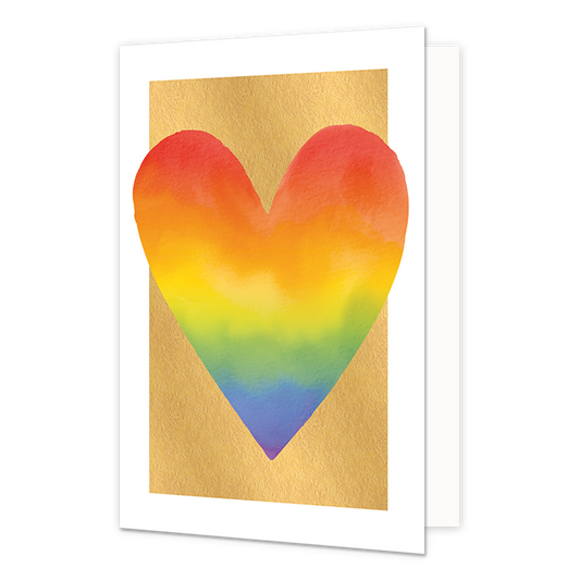 Regenboog hart - Formaat: Normaal - Vorm: Staand - Liefdeskaart - Op deze wenskaart staat een groot hart in regenboog kleuren, op een gouden achtergrond. - Snelwenskaart