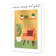 Nieuwe woning veel geluk - Formaat: Standaard - Vorm: Staand - Woningkaart - Op deze wenskaart staat een woonkamer met planten en een stoel, op een gouden achtergrond. Boven de illustratie staat de tekst: "Nieuwe woning veel geluk". - Snelwenskaart