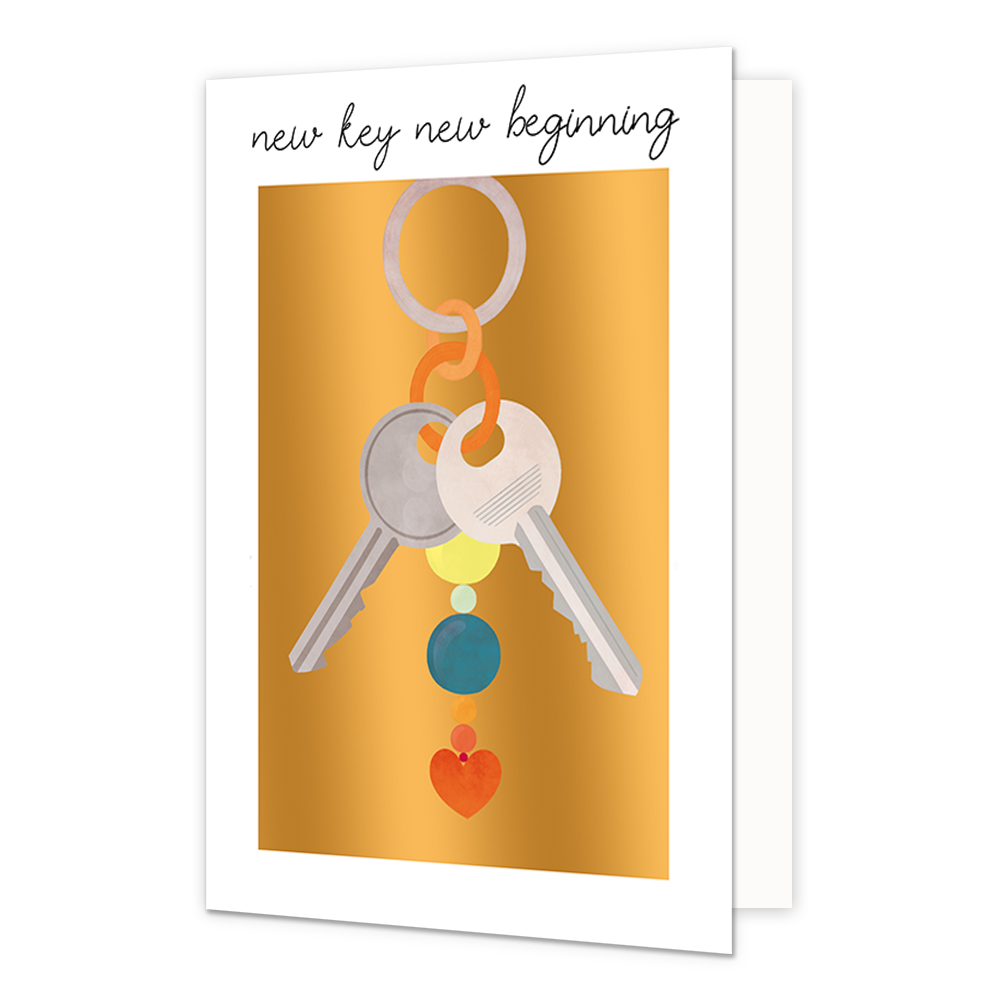 New key new beginning - Formaat: Standaard - Vorm: Staand - Woningkaart - Op deze wenskaart staan sleutels op een gouden achtergrond. Boven de illustratie staat de tekst: "New key new beginning". - Snelwenskaart