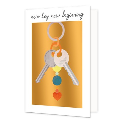New key new beginning - Formaat: Standaard - Vorm: Staand - Woningkaart - Op deze wenskaart staan sleutels op een gouden achtergrond. Boven de illustratie staat de tekst: "New key new beginning". - Snelwenskaart