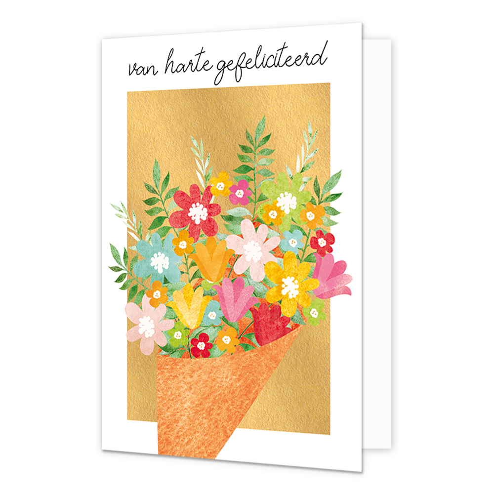Van harte gefeliciteerd - Formaat: Standaard - Vorm: Staand - Felicitatiekaart - Op deze wenskaart staat een bos bloemen in de kleuren geel, roze, rood, groen en blauw, op een gouden achtergrond. Boven de illustratie staat de tekst: "Van harte gefeliciteerd". - Snelwenskaart