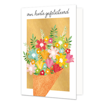Van harte gefeliciteerd - Formaat: Standaard - Vorm: Staand - Felicitatiekaart - Op deze wenskaart staat een bos bloemen in de kleuren geel, roze, rood, groen en blauw, op een gouden achtergrond. Boven de illustratie staat de tekst: "Van harte gefeliciteerd". - Snelwenskaart