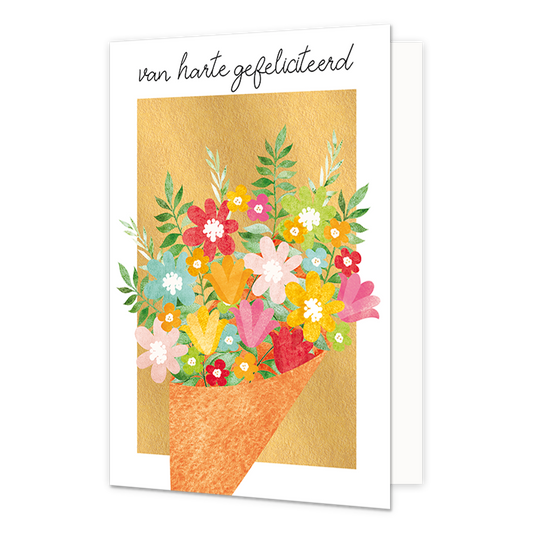 Van harte gefeliciteerd - Formaat: Normaal - Vorm: Staand - Felicitatiekaart - Op deze wenskaart staat een bos bloemen in de kleuren geel, roze, rood, groen en blauw, op een gouden achtergrond. Boven de illustratie staat de tekst: "Van harte gefeliciteerd". - Snelwenskaart