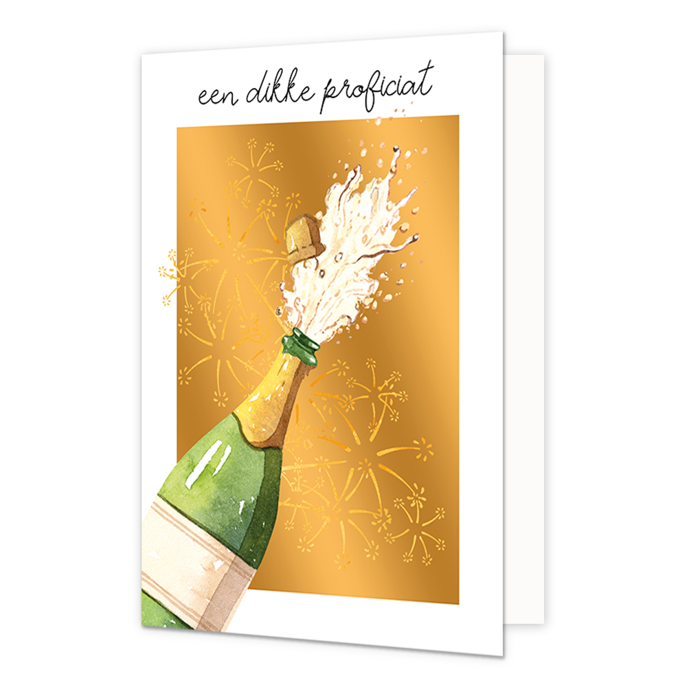 Een dikke proficiat - Formaat: Normaal - Vorm: Staand - Felicitatiekaart - Op deze wenskaart staat een champagnefles op een gouden achtergrond. Boven de illustratie staat de tekst: "Een dikke proficiat". - Snelwenskaart