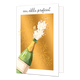Een dikke proficiat - Formaat: Standaard - Vorm: Staand - Felicitatiekaart - Op deze wenskaart staat een champagnefles op een gouden achtergrond. Boven de illustratie staat de tekst: "Een dikke proficiat". - Snelwenskaart