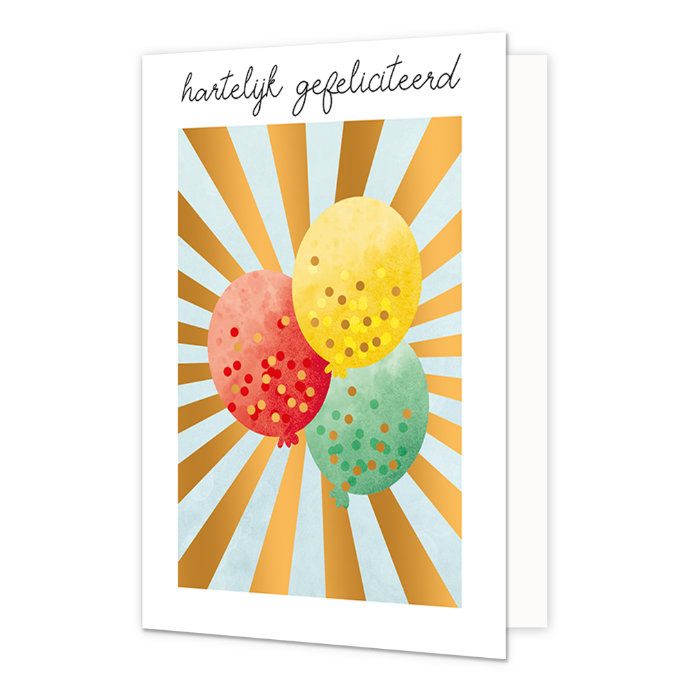 Hartelijk gefeliciteerd - Formaat: Standaard - Vorm: Staand - Felicitatiekaart - Op deze wenskaart staan drie ballonnen in de kleure geel, rood en groen, met stippen in bijpassende kleuren, op een achtergrond met blauwe en gouden lijnen. Boven de illustratie staat de tekst: "Hartelijk gefeliciteerd". - Snelwenskaart