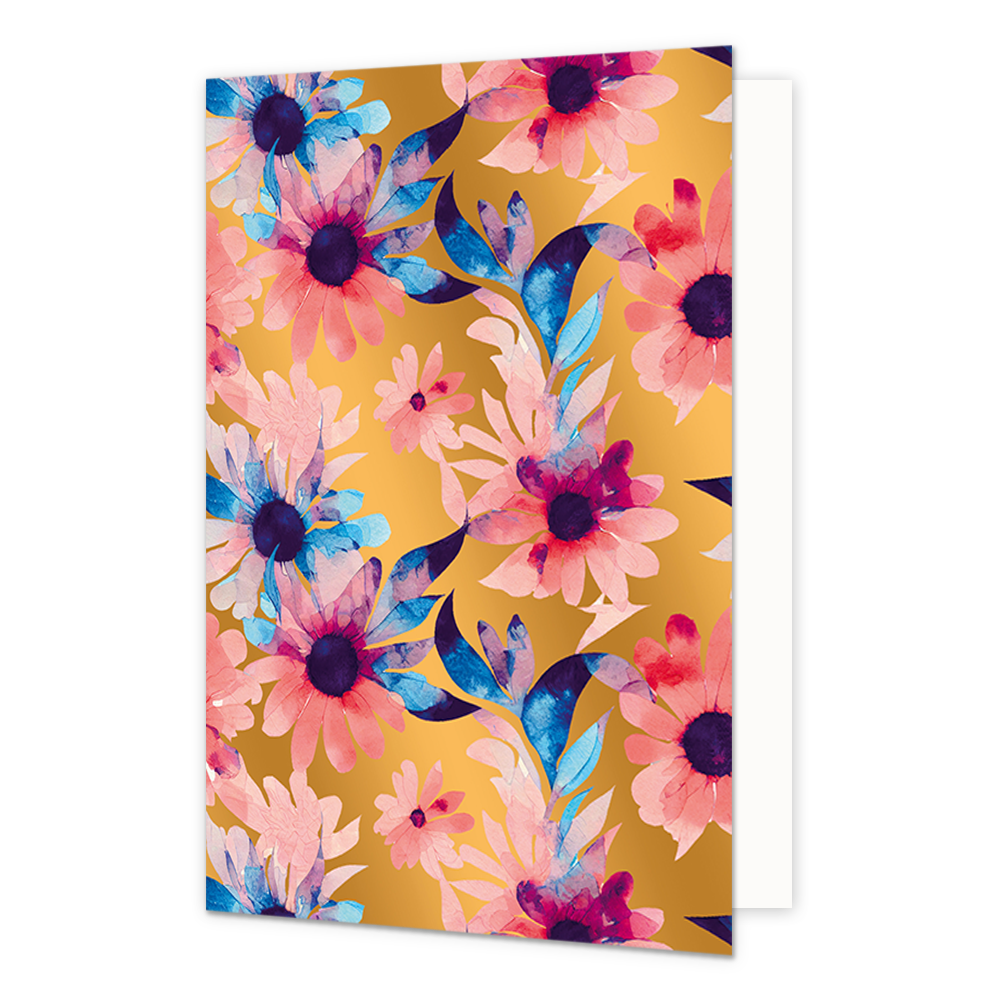 Bloemen - Formaat: Standaard - Vorm: Staand - Blanco kaart - Op deze wenskaart staan roze en blauwe bloemen met blauwe blaadjes, op een gouden achtergrond. - Snelwenskaart