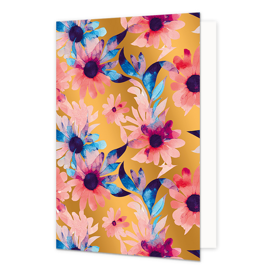 Bloemen - Formaat: Normaal - Vorm: Staand - Blanco kaart - Op deze wenskaart staan roze en blauwe bloemen met blauwe blaadjes, op een gouden achtergrond. - Snelwenskaart