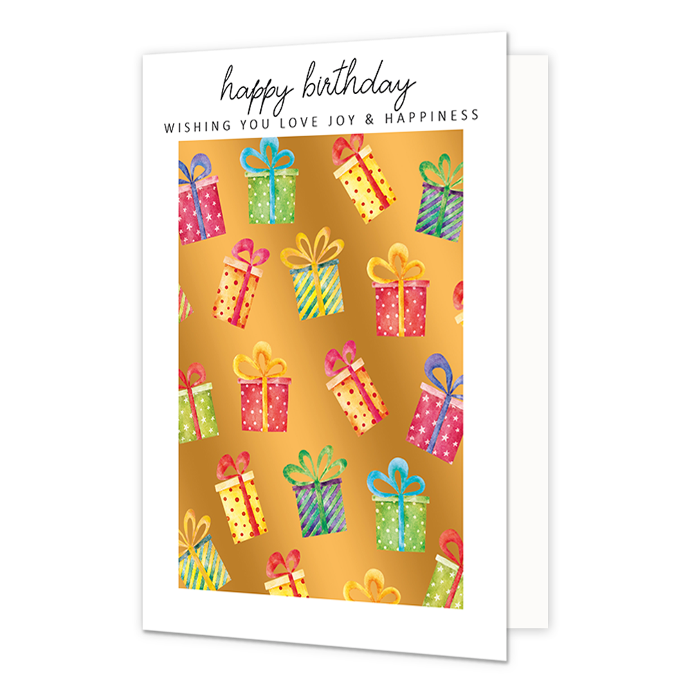 Happy birthday - Formaat: Normaal - Vorm: Staand - Verjaardagskaart - Op deze wenskaart staan cadeaus in de kleuren geel, groen, blauw, roze, rood en paars, op een gouden achtergrond. Boven de illustratie staat de tekst: "Happy birthday wishing you love joy & happiness". - Snelwenskaart