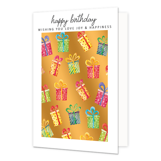 Happy birthday - Formaat: Normaal - Vorm: Staand - Verjaardagskaart - Op deze wenskaart staan cadeaus in de kleuren geel, groen, blauw, roze, rood en paars, op een gouden achtergrond. Boven de illustratie staat de tekst: "Happy birthday wishing you love joy & happiness". - Snelwenskaart