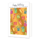 Happy birthday - Formaat: Standaard - Vorm: Staand - Verjaardagskaart - Op deze wenskaart staan cadeaus in de kleuren geel, groen, blauw, roze, rood en paars, op een gouden achtergrond. Boven de illustratie staat de tekst: "Happy birthday wishing you love joy & happiness". - Snelwenskaart