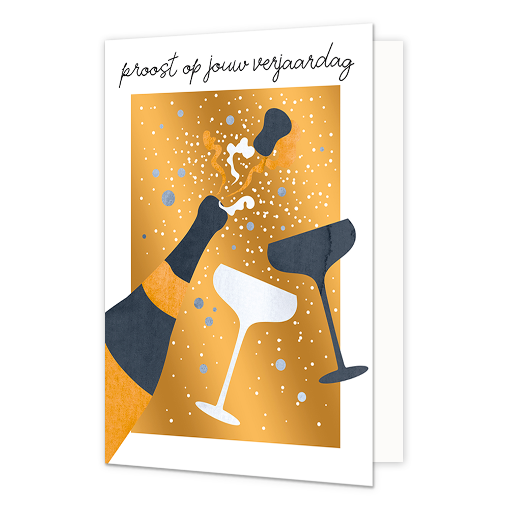 Proost op jouw verjaardag - Formaat: Normaal - Vorm: Staand - Verjaardagskaart - Op deze wenskaart staat een champagnefles met bijpassende glazen, op een gouden achtergrond. Boven de illustratie staat de tekst: "Proost op jouw verjaardag". - Snelwenskaart