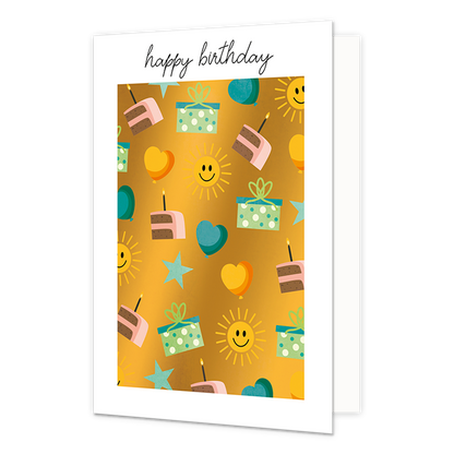Happy Birthday - Formaat: Normaal - Vorm: Staand - Verjaardagskaart - Op deze wenskaart staat taart, zonnen, hartjes, cadeaus en sterren, op een gouden achtergrond. Boven de illustratie staat de tekst: "Happy birthday". - Snelwenskaart