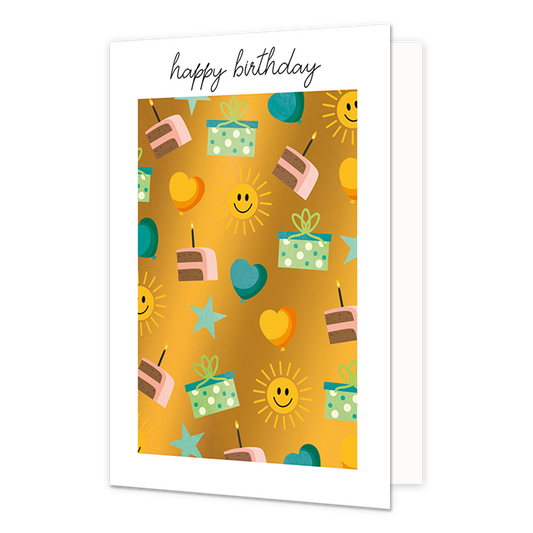Happy Birthday - Formaat: Normaal - Vorm: Staand - Verjaardagskaart - Op deze wenskaart staat taart, zonnen, hartjes, cadeaus en sterren, op een gouden achtergrond. Boven de illustratie staat de tekst: "Happy birthday". - Snelwenskaart