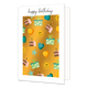 Happy Birthday - Formaat: Standaard - Vorm: Staand - Verjaardagskaart - Op deze wenskaart staat taart, zonnen, hartjes, cadeaus en sterren, op een gouden achtergrond. Boven de illustratie staat de tekst: "Happy birthday". - Snelwenskaart