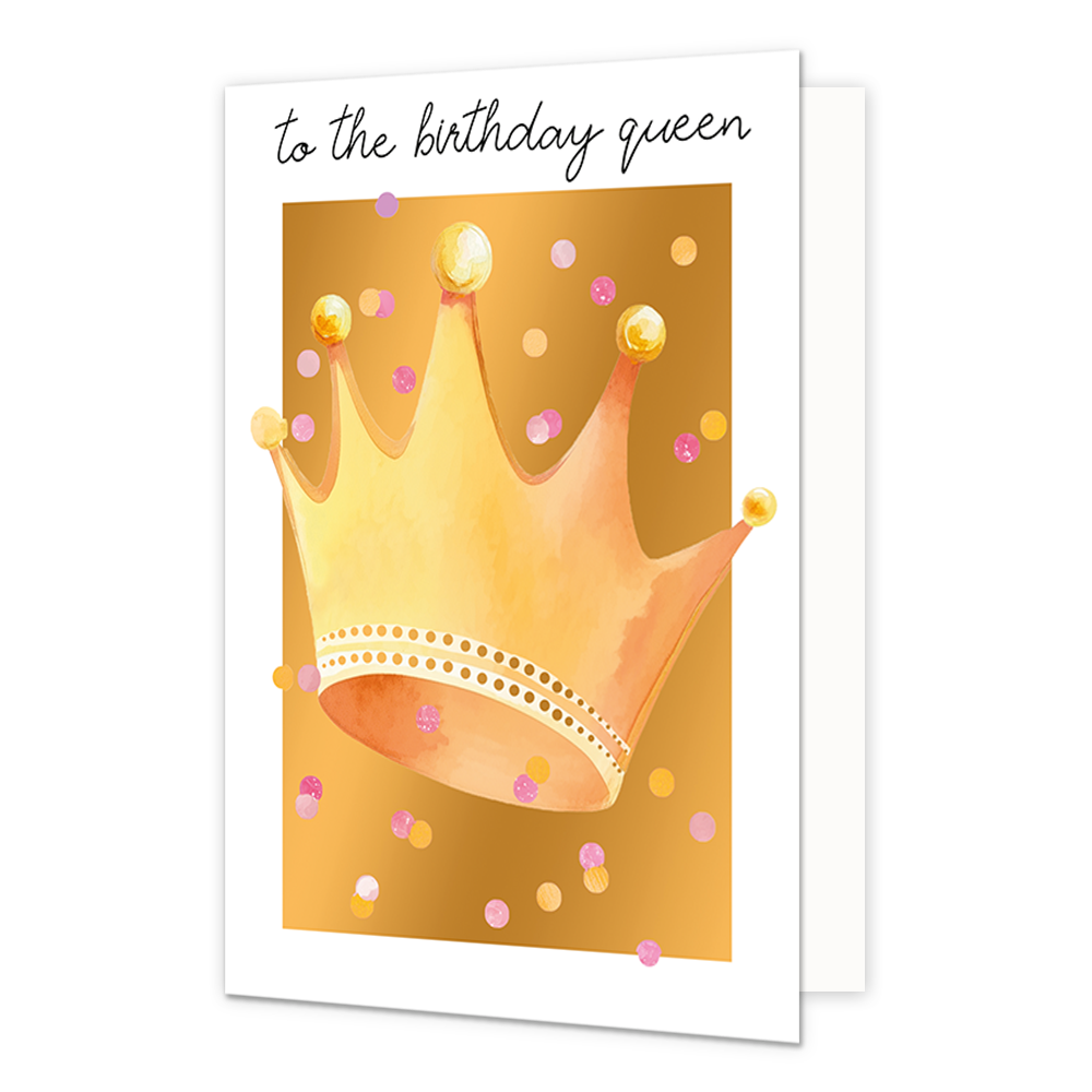 To the birthday queen - Formaat: Standaard - Vorm: Staand - Verjaardagskaart - Op deze wenskaart is een gouden kroon te zien met confetti in de kleuren geel, paars en roze, op een gouden achtergrond. Boven de illustratie staat de tekst: "To the birthday queen". - Snelwenskaart