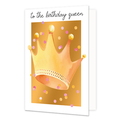 To the birthday queen - Formaat: Standaard - Vorm: Staand - Verjaardagskaart - Op deze wenskaart is een gouden kroon te zien met confetti in de kleuren geel, paars en roze, op een gouden achtergrond. Boven de illustratie staat de tekst: "To the birthday queen". - Snelwenskaart