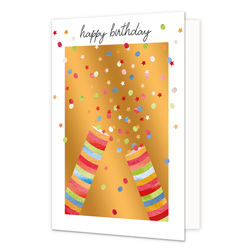 Happy birthday - Formaat: Normaal - Vorm: Staand - Verjaardagskaart - Op deze wenskaart staan twee confetti kanonnen waar sterren en stippen uit komen in de kleuren groen, blauw, rood, roze en wit. Boven de illustratie staat de tekst: "Happy birthday". - Snelwenskaart