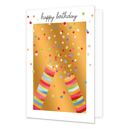 Happy birthday - Formaat: Normaal - Vorm: Staand - Verjaardagskaart - Op deze wenskaart staan twee confetti kanonnen waar sterren en stippen uit komen in de kleuren groen, blauw, rood, roze en wit. Boven de illustratie staat de tekst: "Happy birthday". - Snelwenskaart
