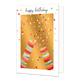 Happy birthday - Formaat: Standaard - Vorm: Staand - Verjaardagskaart - Op deze wenskaart staan twee confetti kanonnen waar sterren en stippen uit komen in de kleuren groen, blauw, rood, roze en wit. Boven de illustratie staat de tekst: "Happy birthday". - Snelwenskaart