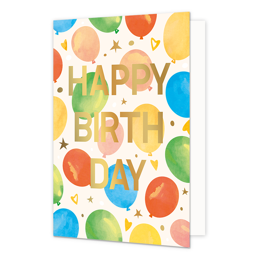 Happy birthday - Formaat: Normaal - Vorm: Staand - Verjaardagskaart - Op deze wenskaart staan ballonnen in de kleuren rood, blauw, roze, geel en groen, op een beige achtergrond. In het midden staat de gouden tekst: "Happy birthday". - Snelwenskaart