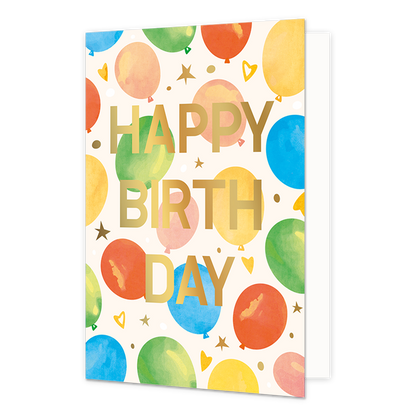 Happy birthday - Formaat: Normaal - Vorm: Staand - Verjaardagskaart - Op deze wenskaart staan ballonnen in de kleuren rood, blauw, roze, geel en groen, op een beige achtergrond. In het midden staat de gouden tekst: "Happy birthday". - Snelwenskaart