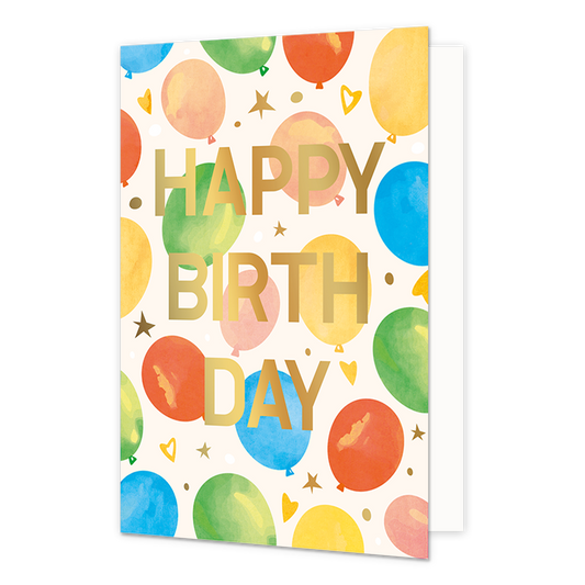 Happy birthday - Formaat: Normaal - Vorm: Staand - Verjaardagskaart - Op deze wenskaart staan ballonnen in de kleuren rood, blauw, roze, geel en groen, op een beige achtergrond. In het midden staat de gouden tekst: "Happy birthday". - Snelwenskaart