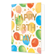 Happy birthday - Formaat: Standaard - Vorm: Staand - Verjaardagskaart - Op deze wenskaart staan ballonnen in de kleuren rood, blauw, roze, geel en groen, op een beige achtergrond. In het midden staat de gouden tekst: "Happy birthday". - Snelwenskaart