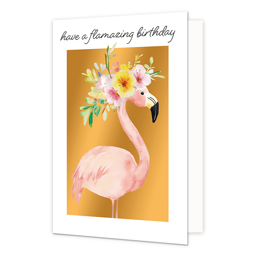 Have a flamazing birthday - Formaat: Normaal - Vorm: Staand - Verjaardagskaart - Op deze wenskaart staat een flamingo met bloemen op het hoofd en daarboven de tekst: "Have a flamazing birthday". - Snelwenskaart
