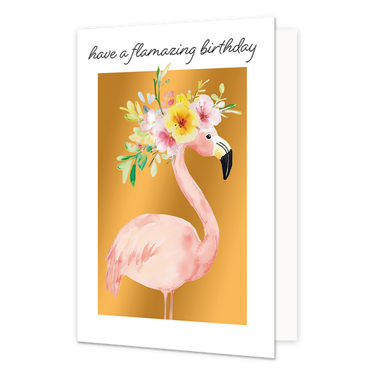 Have a flamazing birthday - Formaat: Normaal - Vorm: Staand - Verjaardagskaart - Op deze wenskaart staat een flamingo met bloemen op het hoofd en daarboven de tekst: "Have a flamazing birthday". - Snelwenskaart