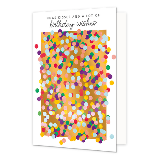 Hugs kisses and a lot of birthday wishes - Formaat: Normaal - Vorm: Staand - Verjaardagskaart - Op deze wenskaart staat confetti in de kleuren roze, paars, groen, blauw en geel, op een gouden achtergrond. Boven de illustratie staat de tekst: "Hugs kisses and a lot of birthday wishes". - Snelwenskaart