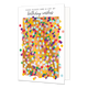Hugs kisses and a lot of birthday wishes - Formaat: Standaard - Vorm: Staand - Verjaardagskaart - Op deze wenskaart staat confetti in de kleuren roze, paars, groen, blauw en geel, op een gouden achtergrond. Boven de illustratie staat de tekst: "Hugs kisses and a lot of birthday wishes". - Snelwenskaart