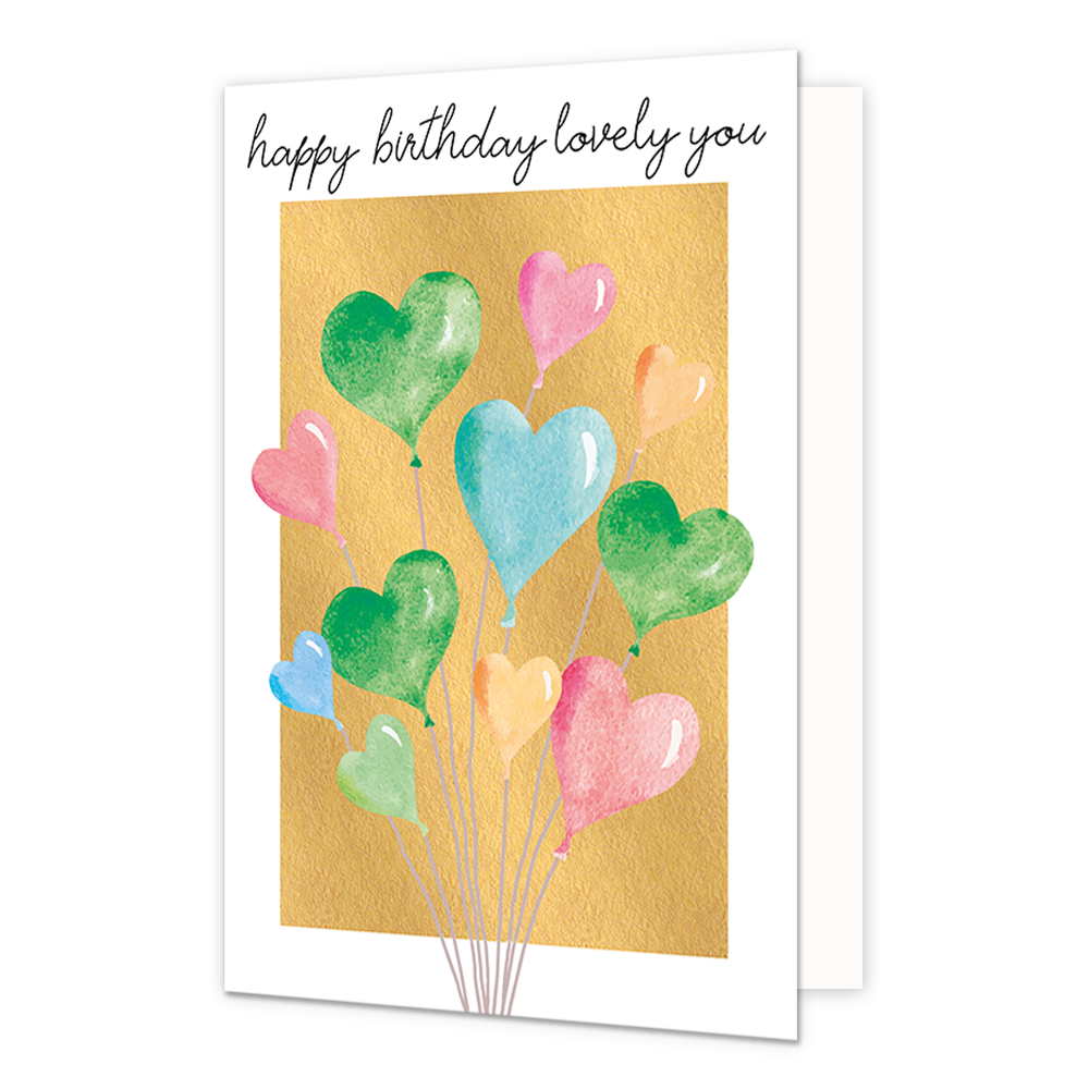 Happy birthday lovely you - Formaat: Normaal - Vorm: Staand - Verjaardagskaart - Op deze wenskaart staan ballonnen in de vorm van hartjes, op een gouden achtergrond. Boven de illustratie staat de tekst: "Happy birthday lovely you". - Snelwenskaart