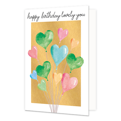 Happy birthday lovely you - Formaat: Normaal - Vorm: Staand - Verjaardagskaart - Op deze wenskaart staan ballonnen in de vorm van hartjes, op een gouden achtergrond. Boven de illustratie staat de tekst: "Happy birthday lovely you". - Snelwenskaart