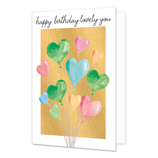 Happy birthday lovely you - Formaat: Normaal - Vorm: Staand - Verjaardagskaart - Op deze wenskaart staan ballonnen in de vorm van hartjes, op een gouden achtergrond. Boven de illustratie staat de tekst: "Happy birthday lovely you". - Snelwenskaart
