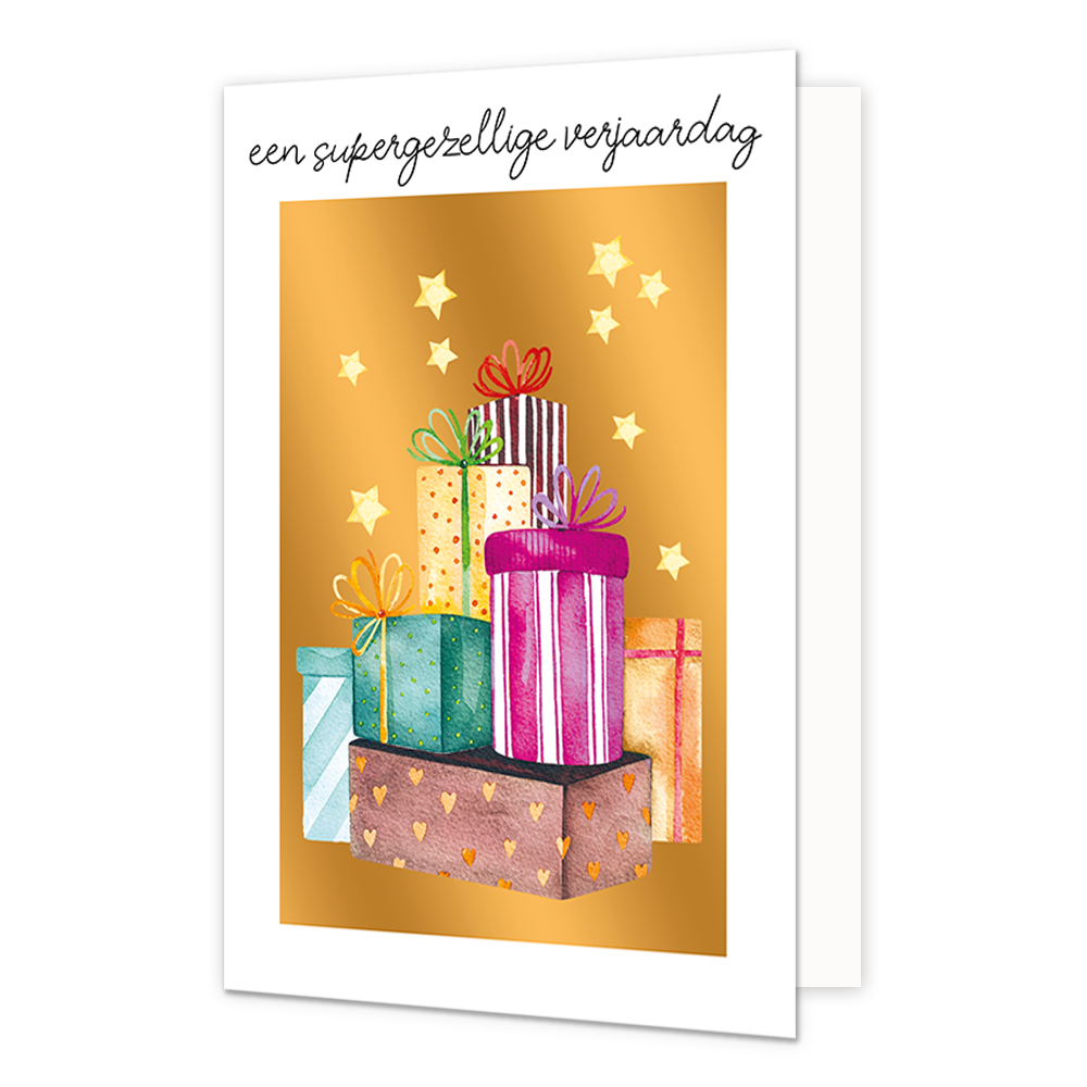 Een supergezellige verjaardag - Formaat: Normaal - Vorm: Staand - Verjaardagskaart - Op deze wenskaart staan cadeaus in de kleuren roze, groen, geel, paars en goud, op een gouden achtergrond. Boven de illustratie staat de tekst: "Een supergezellige verjaardag". - Snelwenskaart