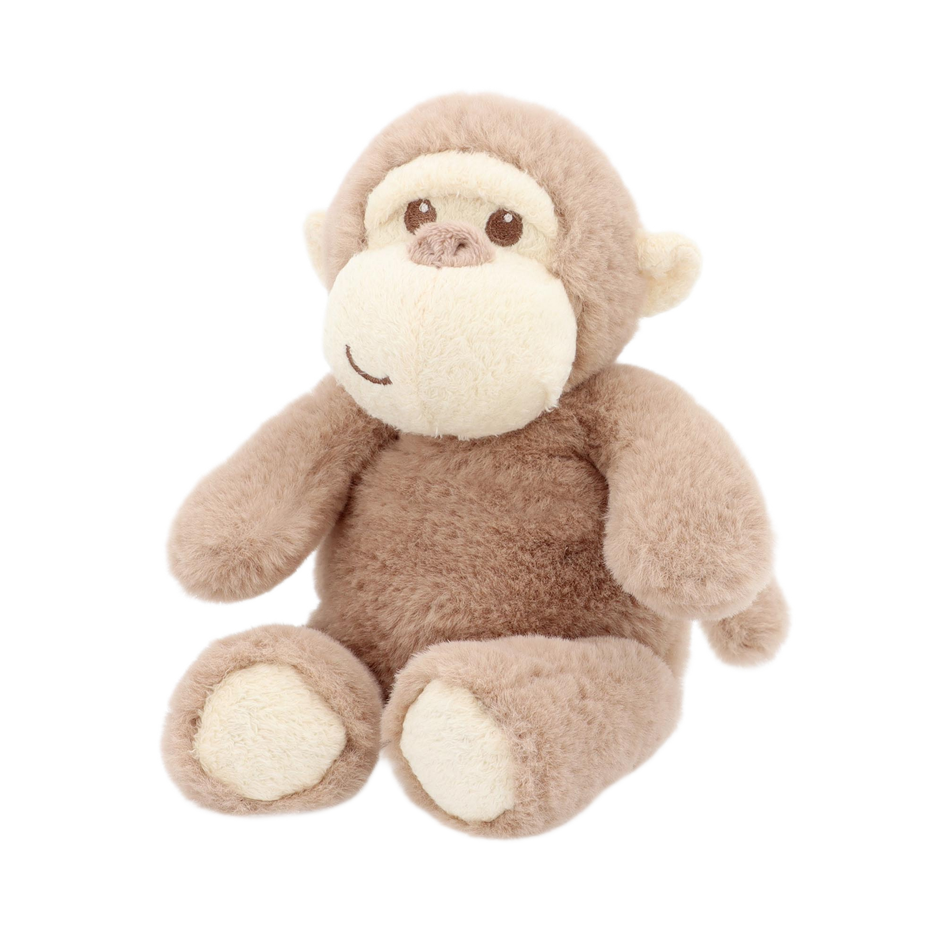Baby knuffel aapje - Deze zittende knuffel aap heeft een lichtbruine kleur met crème accenten. Het gezicht is crème van kleur, met geborduurde bruine ogen en een neus, en een klein lachend mondje. De binnenkant van de oren en de onderkant van de voeten zijn ook crème. - Snelwenskaart