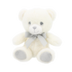 Baby knuffel beertje - Deze zittende knuffel beer is uitgevoerd in een gebroken witte kleur. Het gezicht heeft grijze ogen en een grijze neus, en een subtiel geborduurd lachend mondje. Rond de nek zit een lichtgrijze strik. De onderkant van de voeten hebben ook een grijze kleur. - Snelwenskaart