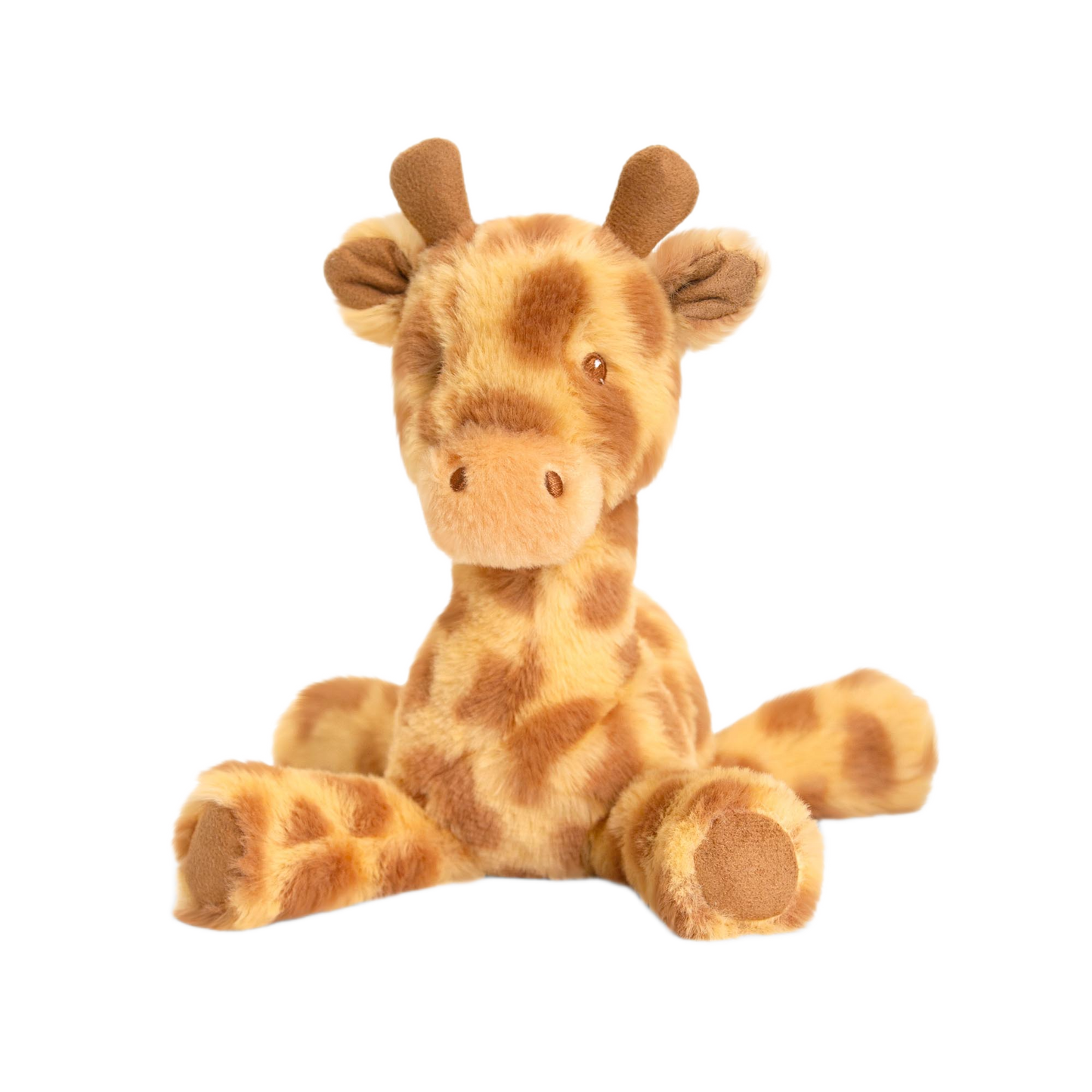 Baby knuffel giraffe - Deze knuffel giraffe heeft een crèmekleurige basis met donkerbruine vlekken. Het hoofd is voorzien van twee donkerbruine hoorntjes, oren aan de zijkant, donkere ogen en een subtiel neusje. De onderkant van de pootjes en de staartpunt zijn uitgevoerd in een effen donkerbruine kleur. - Snelwenskaart