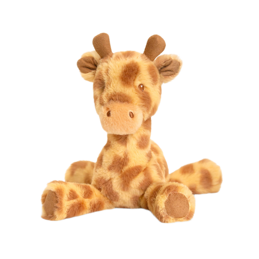 Baby knuffel giraffe - Deze knuffel giraffe heeft een crèmekleurige basis met donkerbruine vlekken. Het hoofd is voorzien van twee donkerbruine hoorntjes, oren aan de zijkant, donkere ogen en een subtiel neusje. De onderkant van de pootjes en de staartpunt zijn uitgevoerd in een effen donkerbruine kleur. - Snelwenskaart