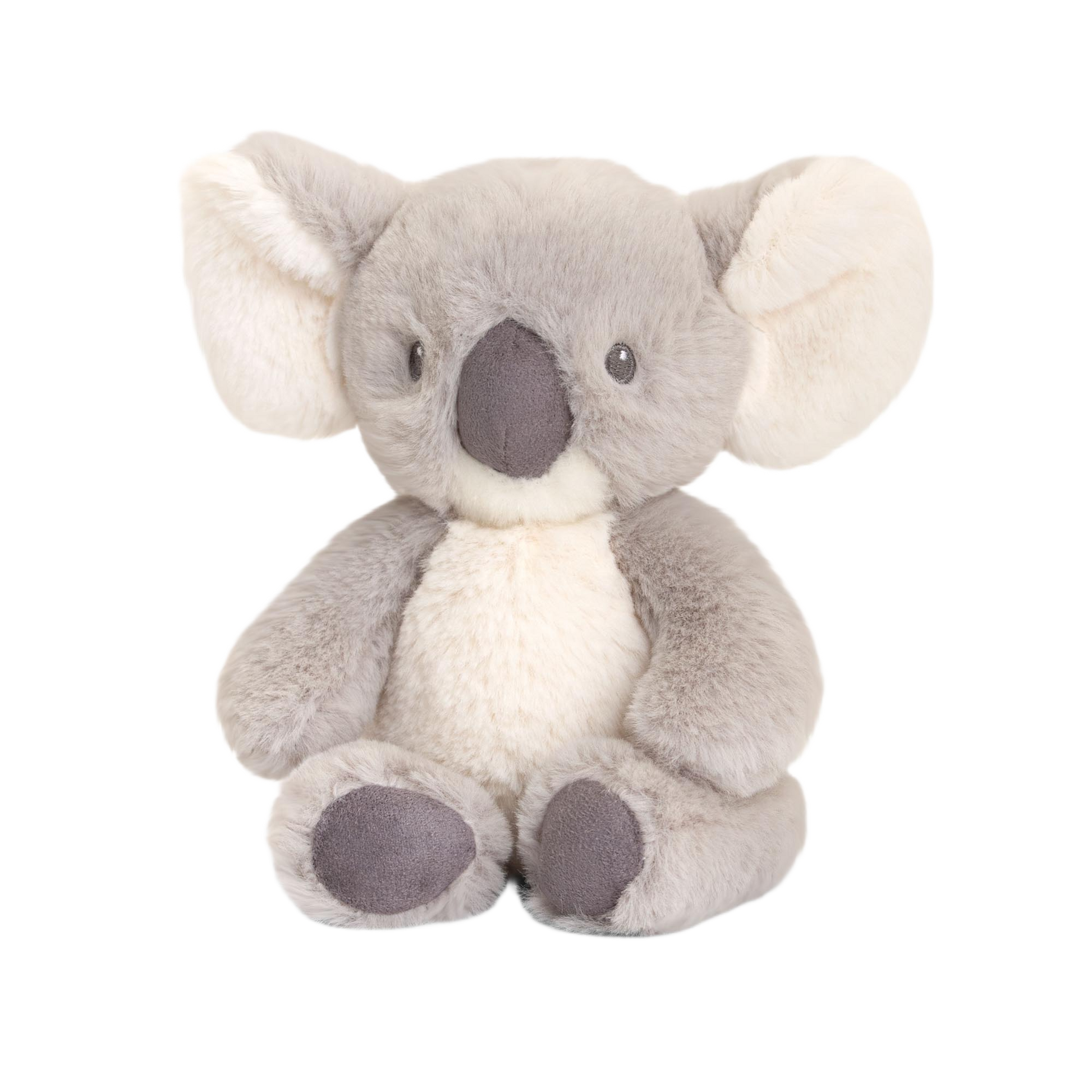 Baby knuffel koala - Deze zittende knuffel koala is uitgevoerd in de kleuren grijs en crème. Het lichaam en de achterkant van de grote oren zijn grijs, terwijl de borst, de binnenkant van de oren en de snuit crème gekleurd zijn. Het gezichtje heeft donkere, geborduurde kraalogen en een grote, donkergrijze neus. De onderkant van de voeten is ook donkergrijs. - Snelwenskaart