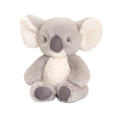 Baby knuffel koala - Deze zittende knuffel koala is uitgevoerd in de kleuren grijs en crème. Het lichaam en de achterkant van de grote oren zijn grijs, terwijl de borst, de binnenkant van de oren en de snuit crème gekleurd zijn. Het gezichtje heeft donkere, geborduurde kraalogen en een grote, donkergrijze neus. De onderkant van de voeten is ook donkergrijs. - Snelwenskaart