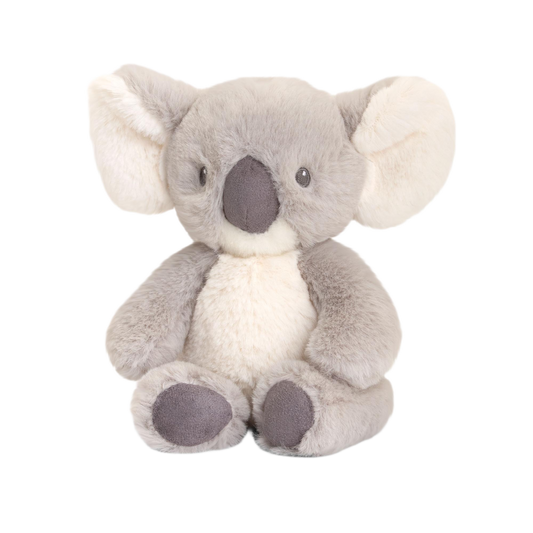 Baby knuffel koala - Deze zittende knuffel koala is uitgevoerd in de kleuren grijs en crème. Het lichaam en de achterkant van de grote oren zijn grijs, terwijl de borst, de binnenkant van de oren en de snuit crème gekleurd zijn. Het gezichtje heeft donkere, geborduurde kraalogen en een grote, donkergrijze neus. De onderkant van de voeten is ook donkergrijs. - Snelwenskaart