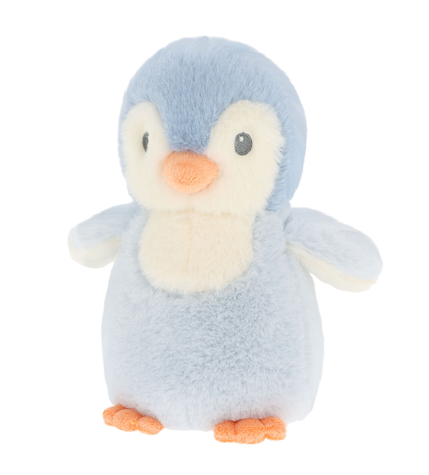 Baby knuffel pinguïn - Deze knuffel pinguïn is uitgevoerd in de kleuren lichtblauw en crème. Het lijfje en de achterkant van de kop zijn lichtblauw, terwijl de borst en het gezicht crème gekleurd zijn. Het gezichtje is voorzien van donkergrijze, geborduurde kraalogen en een opvallende, oranje snavel. De kleine pootjes aan de onderkant zijn ook oranje. - Snelwenskaart