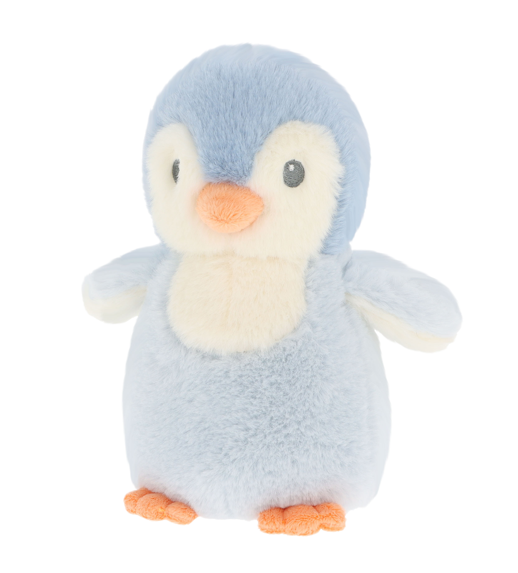 Baby knuffel pinguïn - Deze knuffel pinguïn is uitgevoerd in de kleuren lichtblauw en crème. Het lijfje en de achterkant van de kop zijn lichtblauw, terwijl de borst en het gezicht crème gekleurd zijn. Het gezichtje is voorzien van donkergrijze, geborduurde kraalogen en een opvallende, oranje snavel. De kleine pootjes aan de onderkant zijn ook oranje. - Snelwenskaart