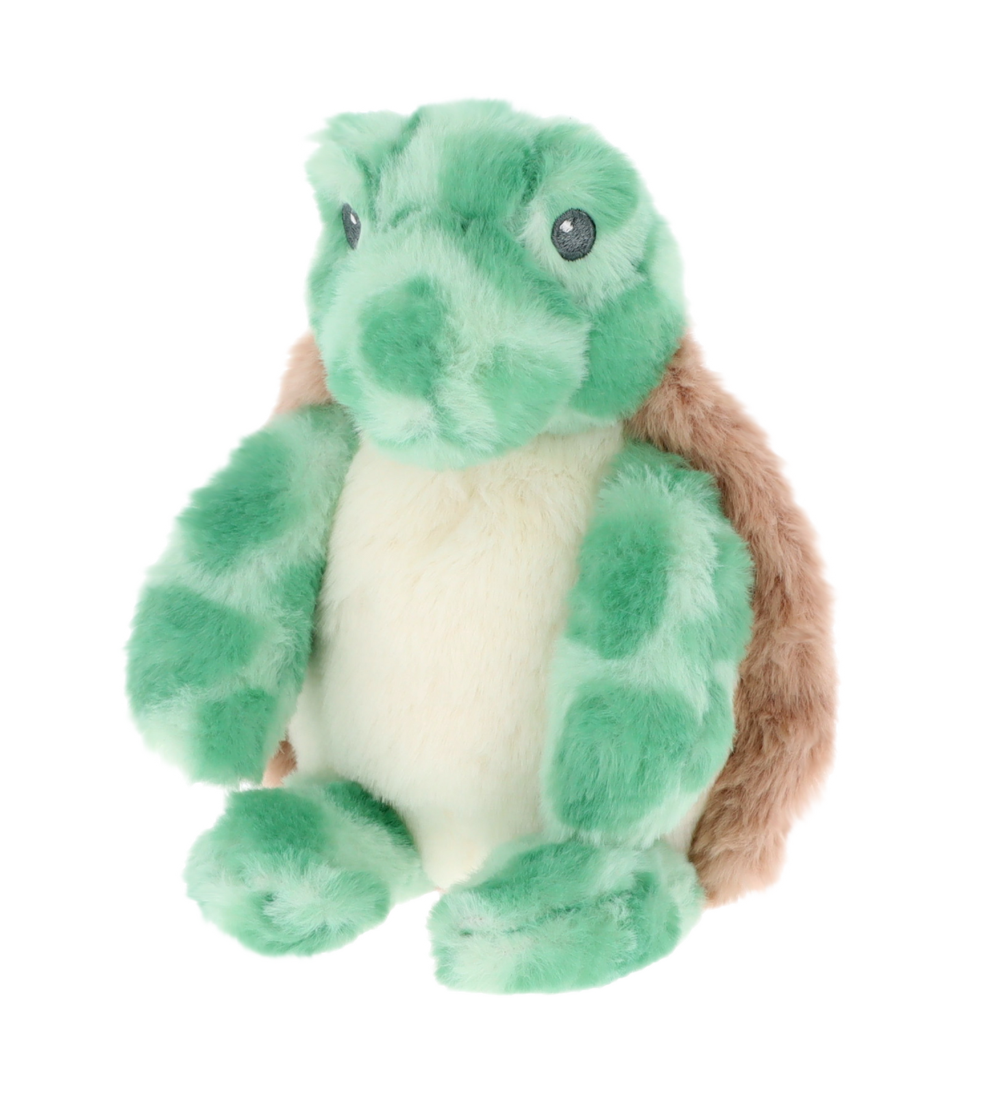Baby knuffel schildpad - Deze zittende knuffel schildpad heeft een lijfje in een mintgroene kleur met donkerdere vlekjes. Het buikje is uitgevoerd in een effen crèmekleur. Het schild op de rug is lichtbruin en heeft ook de donkerdere vlekjes. Het kopje is effen mintgroen, met donkere kraalogen. - Snelwenskaart